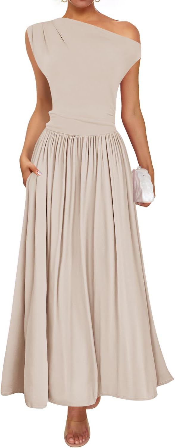 ZESICA Women's Summer 2026 Sleeveless Maxi Dress One Shoulder Casual Slim Swing Pleated Formal Dr... | Amazon (US)