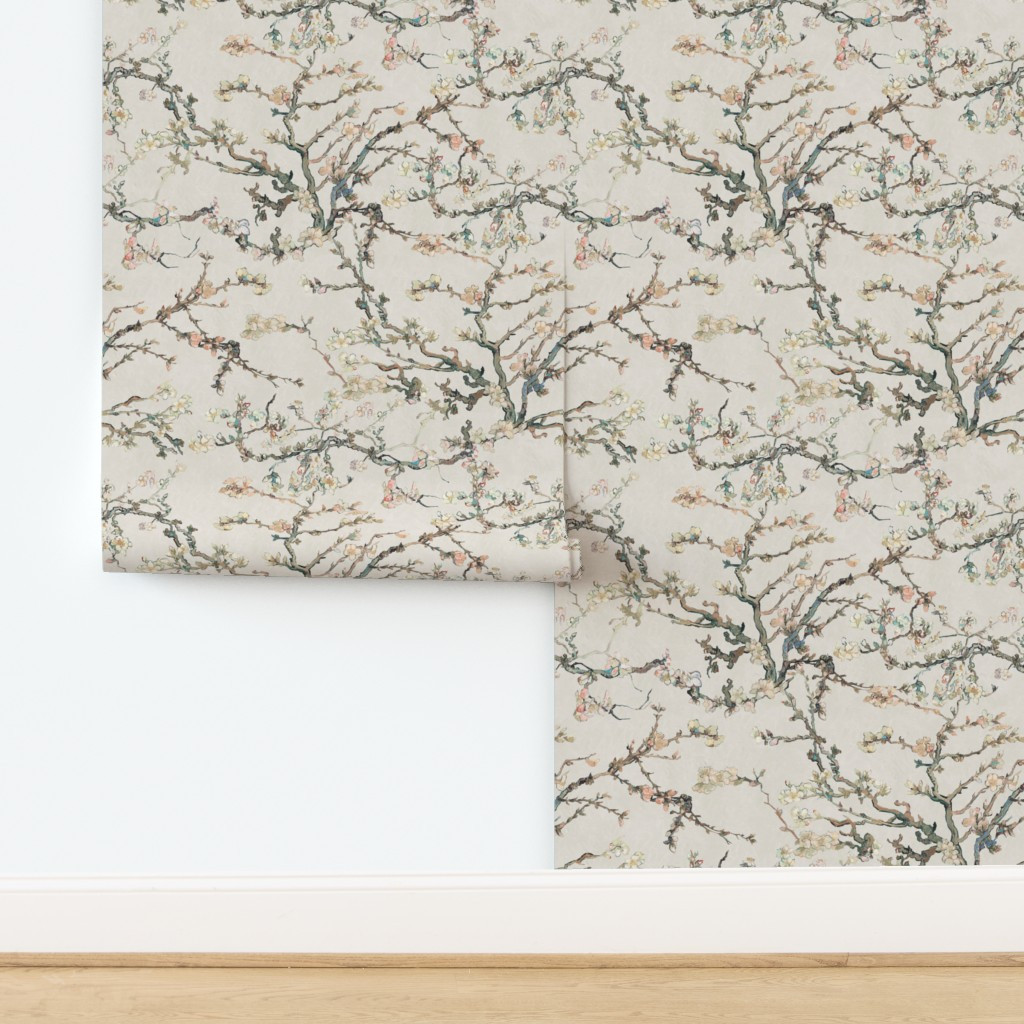 Vincent Van Gogh Almond Blossom in Vintage White Sage Green Blush Pink Wallpaper | Spoonflower | Spoonflower