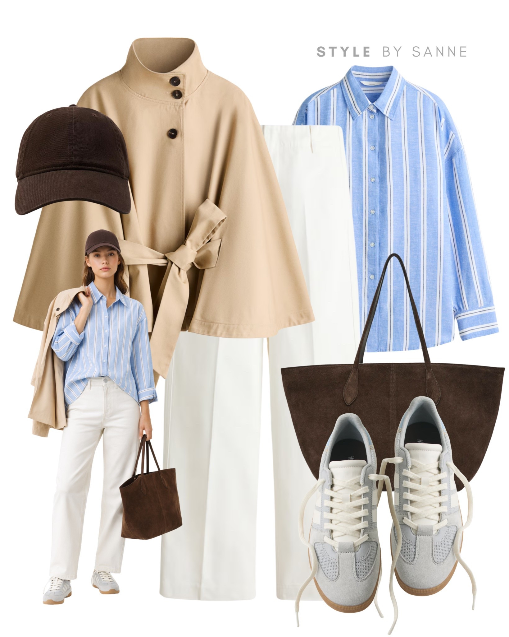 A light blue striped shirt with crisp white trousers creates a fresh, timeless base, layered with a soft camel cape for warmth and structure. Finished with neutral sneakers and a rich brown tote for an effortless everyday look.🧥 

#LTKspring #LTKFashionMonth #LTKstyletip