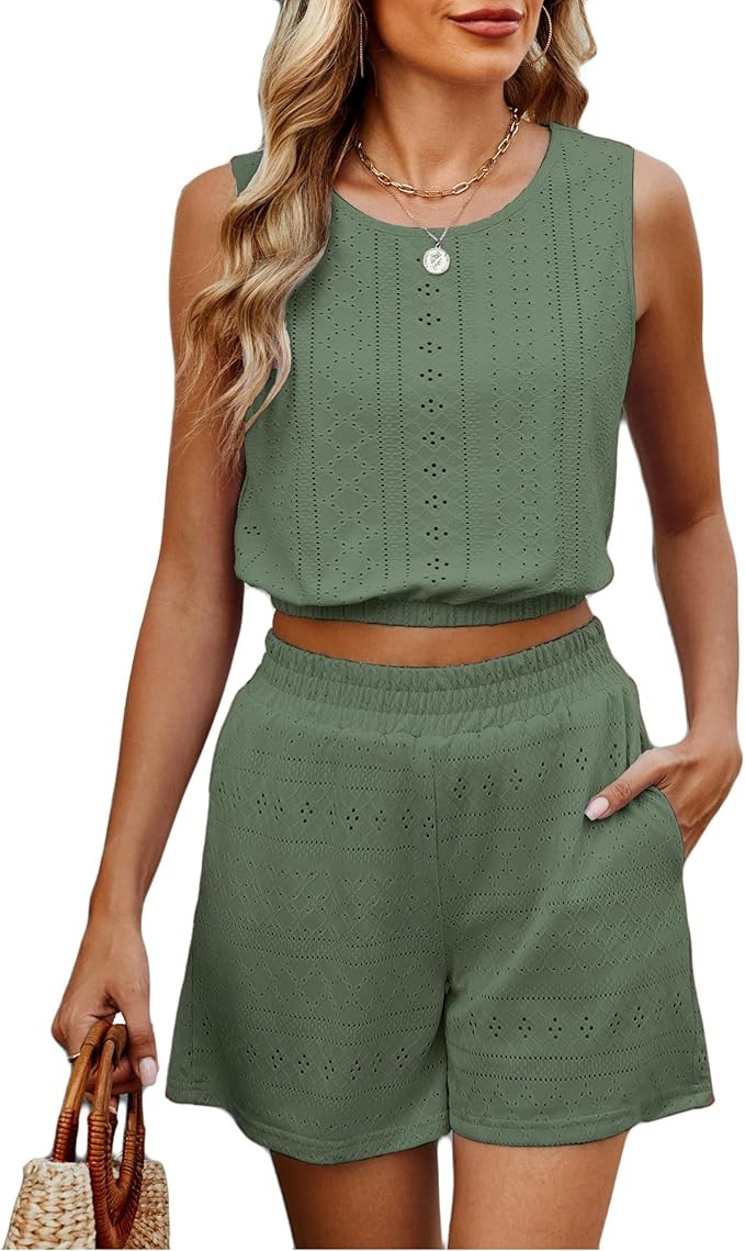 Two Piece Sets for Women Summer 2025 Cute Vacation Short Sets Sleeveless Crop Tank Top High Waist... | Amazon (US)