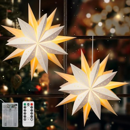 Lewondr Christmas Paper Star Lantern, 2PCS Hanging Star Lights with 8 Lighting Modes, 4 Levels Dimming, 6 Hour Timer Function, LED Paper Lanterns with Remote Control for Holiday Home Decoration | Amazon (US)
