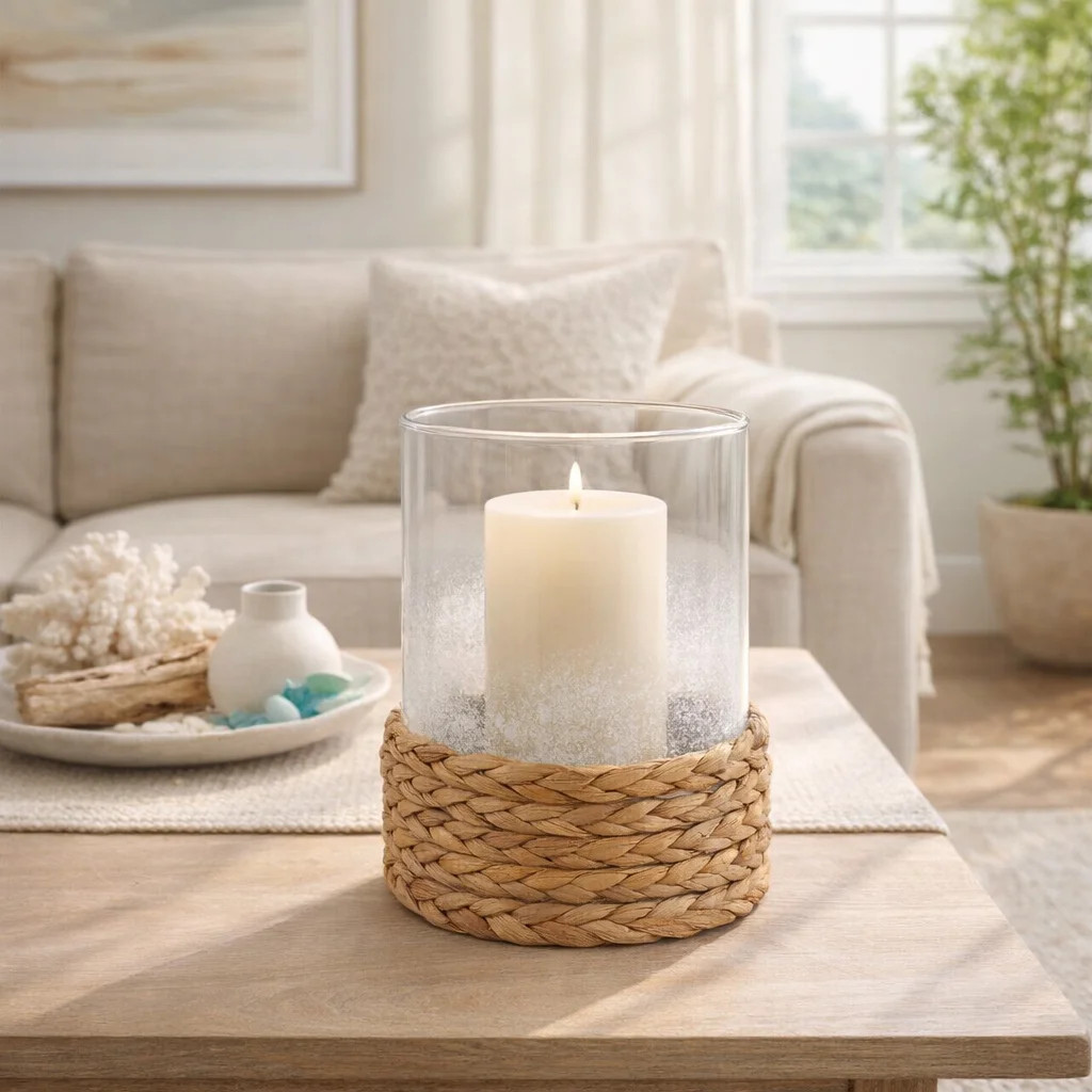 Modern Round Glass Hurricane Pillar Candle Holder with Woven Base for Tabletop Decor - Decorative... | Wayfair North America