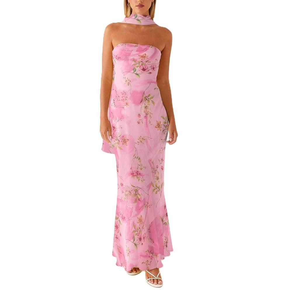 CheJooe Women Summer Floral Sexy Maxi Dress with Scarf,Strapless Sleeveless Backless Bodycon Tube... | Amazon (UK)
