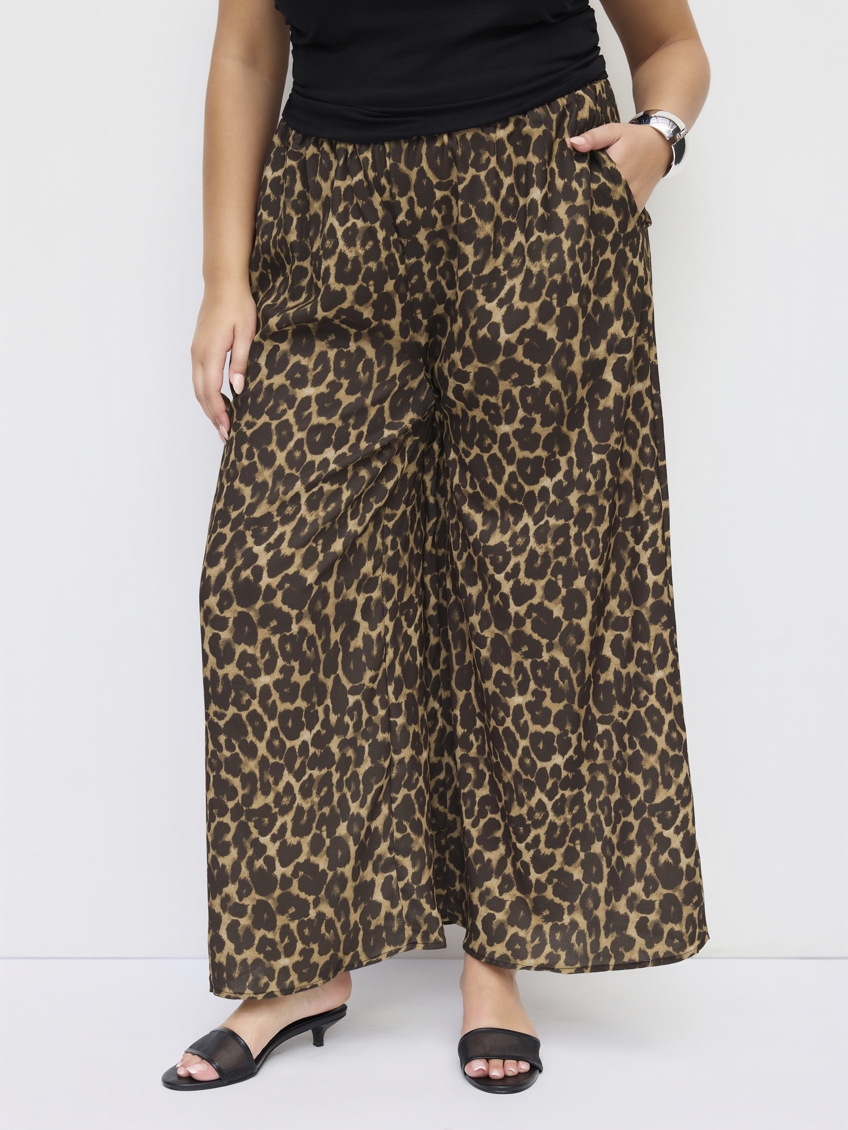 Woven Woven Mid Rise Elastic Waist Leopard Pocket Wide Leg Trousers Curve & Plus For Music Festiv... | Cider