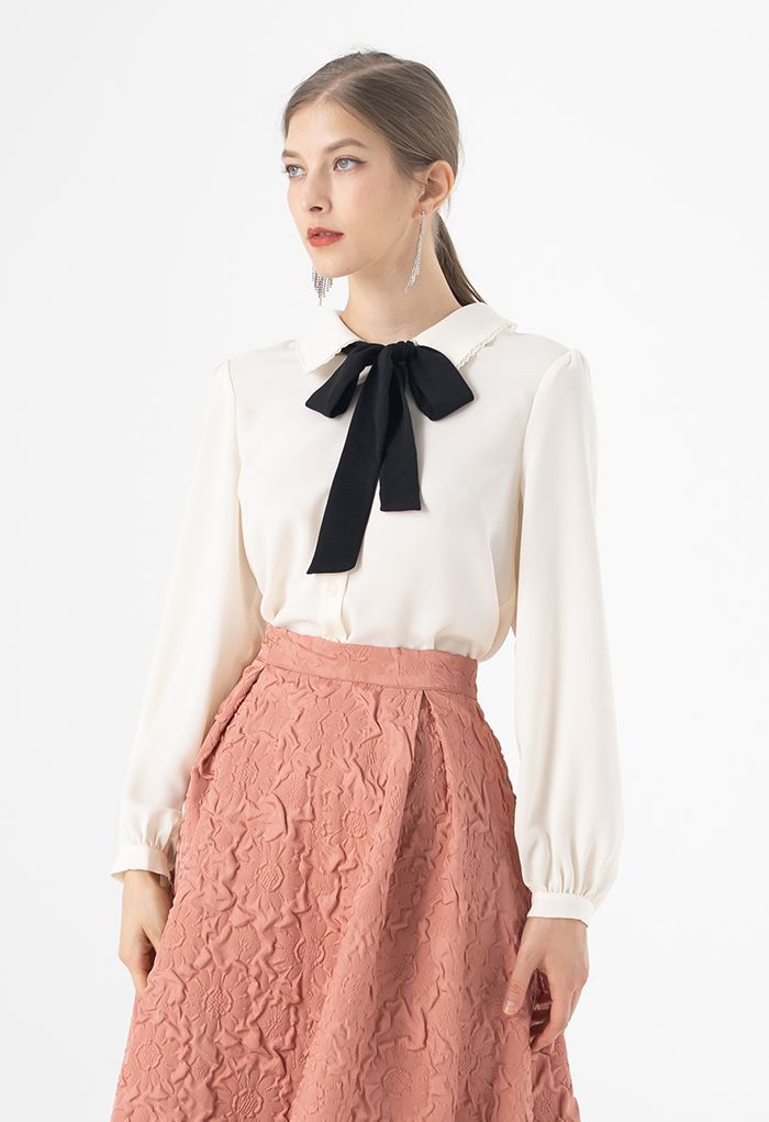 Pussy-Bow Lacey Neck Buttoned Shirt | Chicwish