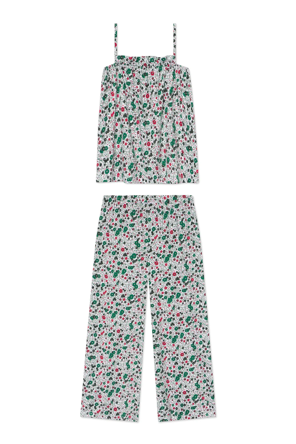 Pima Ruffle Pants Set in Classic Green Vivian Floral | Lake Pajamas