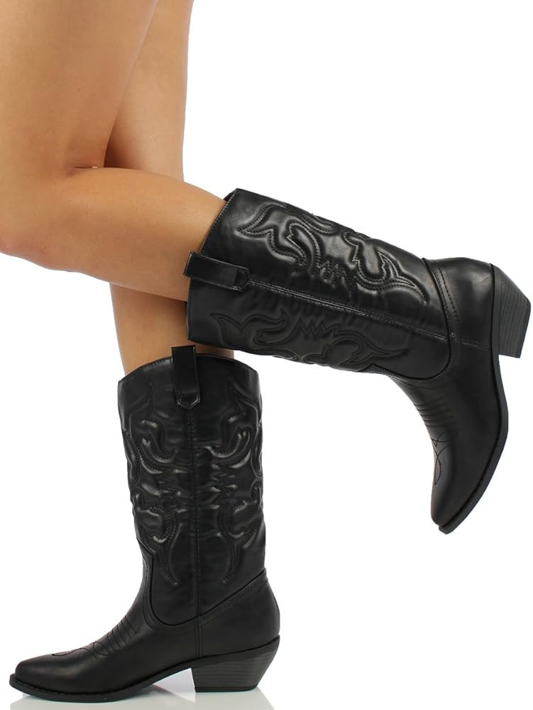 Soda Women's Red Reno Western Cowboy Pointed Toe Knee High Pull On Tabs Boots | Amazon (US)