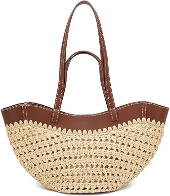 Large Straw Tote Bag for Women, Woven Summer Beach Bag with Leather Trim & Double Straps, Handmad... | Amazon (US)