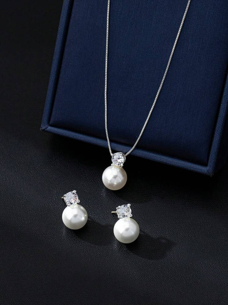 3pcs/Set Minimalist Glass Pearl & Zirconia Stone Stud Earrings, Necklace Suit, Elegant For Engagement, Party, Everyday Wear, Mother's Day Gift Idea | SHEIN