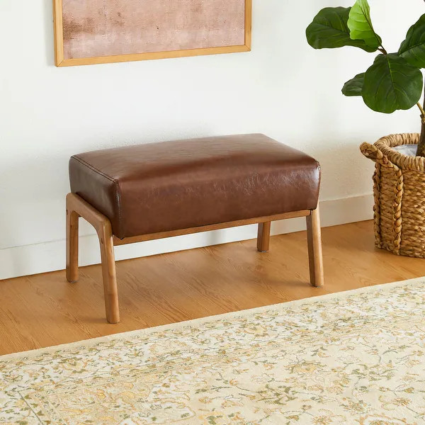 Glitzhome 24.5"W Leatherette Accent Stool With Walnut Rubberwood Legs - Bed Bath & Beyond - 40342... | Bed Bath & Beyond