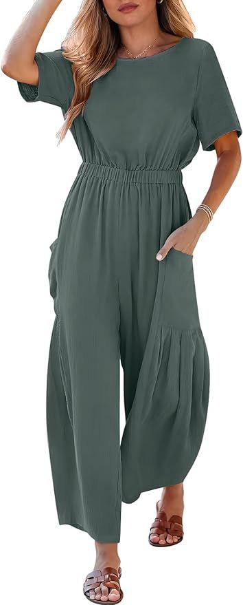 ANRABESS Jumpsuits for Women 2024 Casual Summer Linen Romper Short Sleeve Wide Leg Long Pants Jum... | Amazon (US)