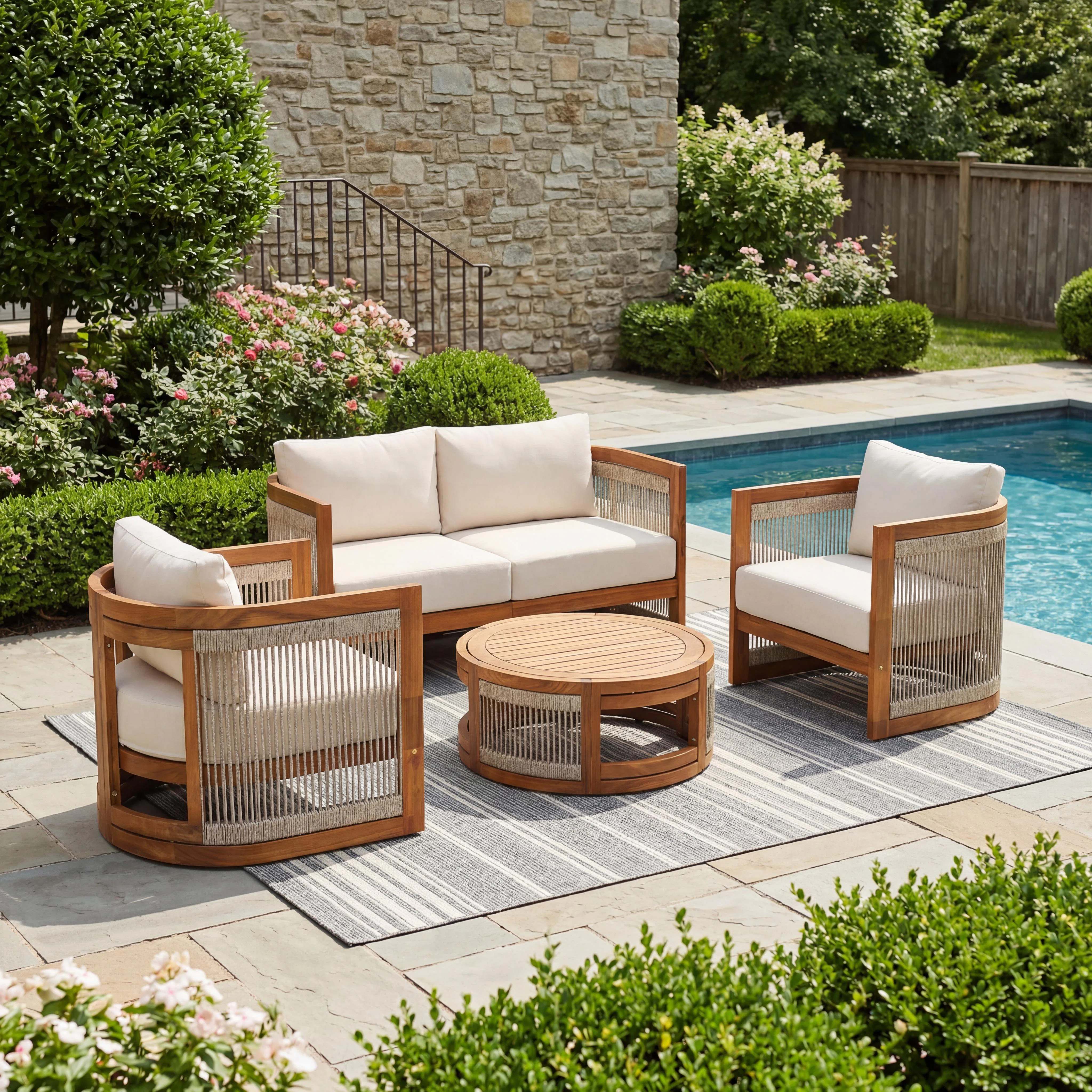Aldo Outdoor 4-Piece Pe Rope Woven Conversation Set With Acacia Wood Frame | Wayfair North America