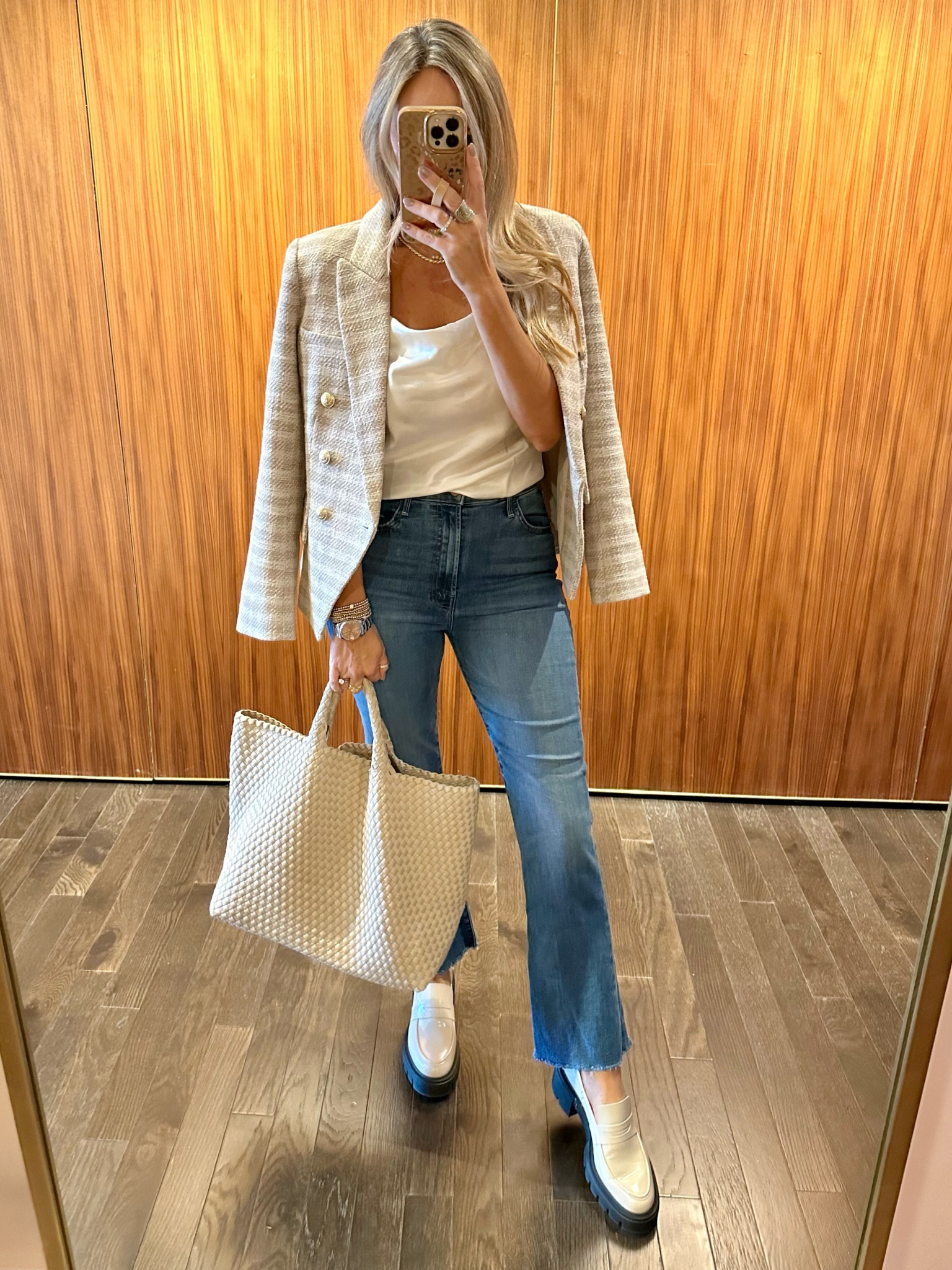 Switched up the trousers to my favorite pair of mother high-rise denim wearing a size 28. Tweed jacket, size 4 silk Cami size small small.

#LTKsalealert #LTKover40 #LTKCon