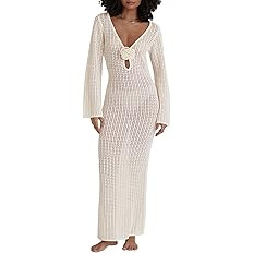 Leoparts Women's Knitted Swimsuit Cover Up 3D Floral Hollow Out Open Back Tie-Up Maxi Dress Beach... | Amazon (US)