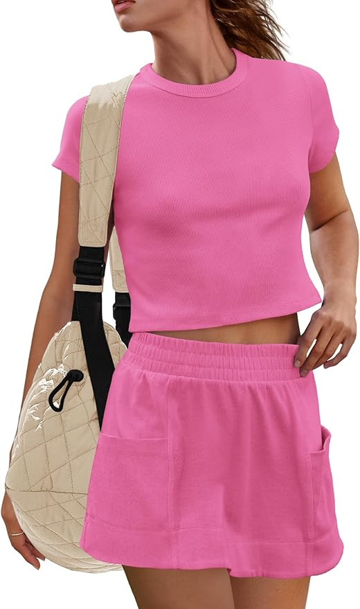 Panadila Womens Skort Sets 2 Piece Outfits Ribbed Short Sleeve Tops and Skirt with Shorts Underne... | Amazon (US)
