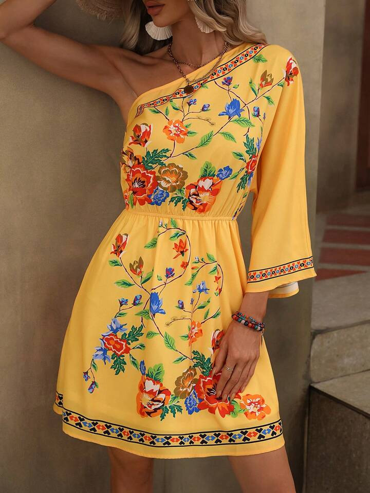 SHEIN VCAY Floral Print One Shoulder Dress | SHEIN