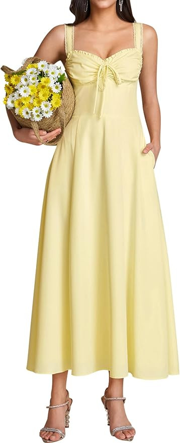 KUTUMAI Floral Corset Midi Dresses for Women 2026 Lace Up Flowy Summer Wedding Guest Dress with P... | Amazon (US)