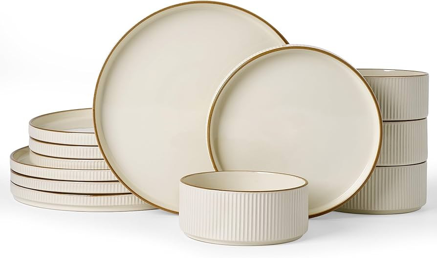Famiware Star Dinnerware Set, Plates and Bowls Sets for 4 (12pcs), Ribbed Stoneware Dishes with T... | Amazon (US)