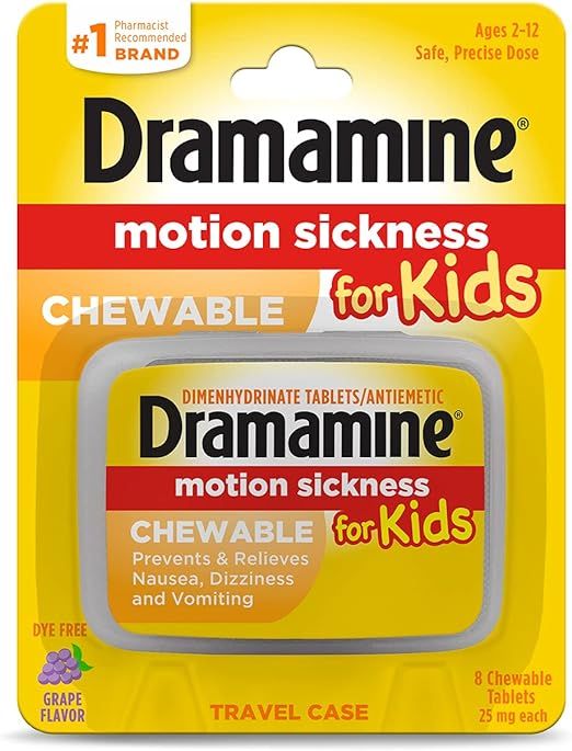 Dramamine Motion Sickness for Kids, Chewable, Dye Free, Grape Flavored, 8 Count | Amazon (US)