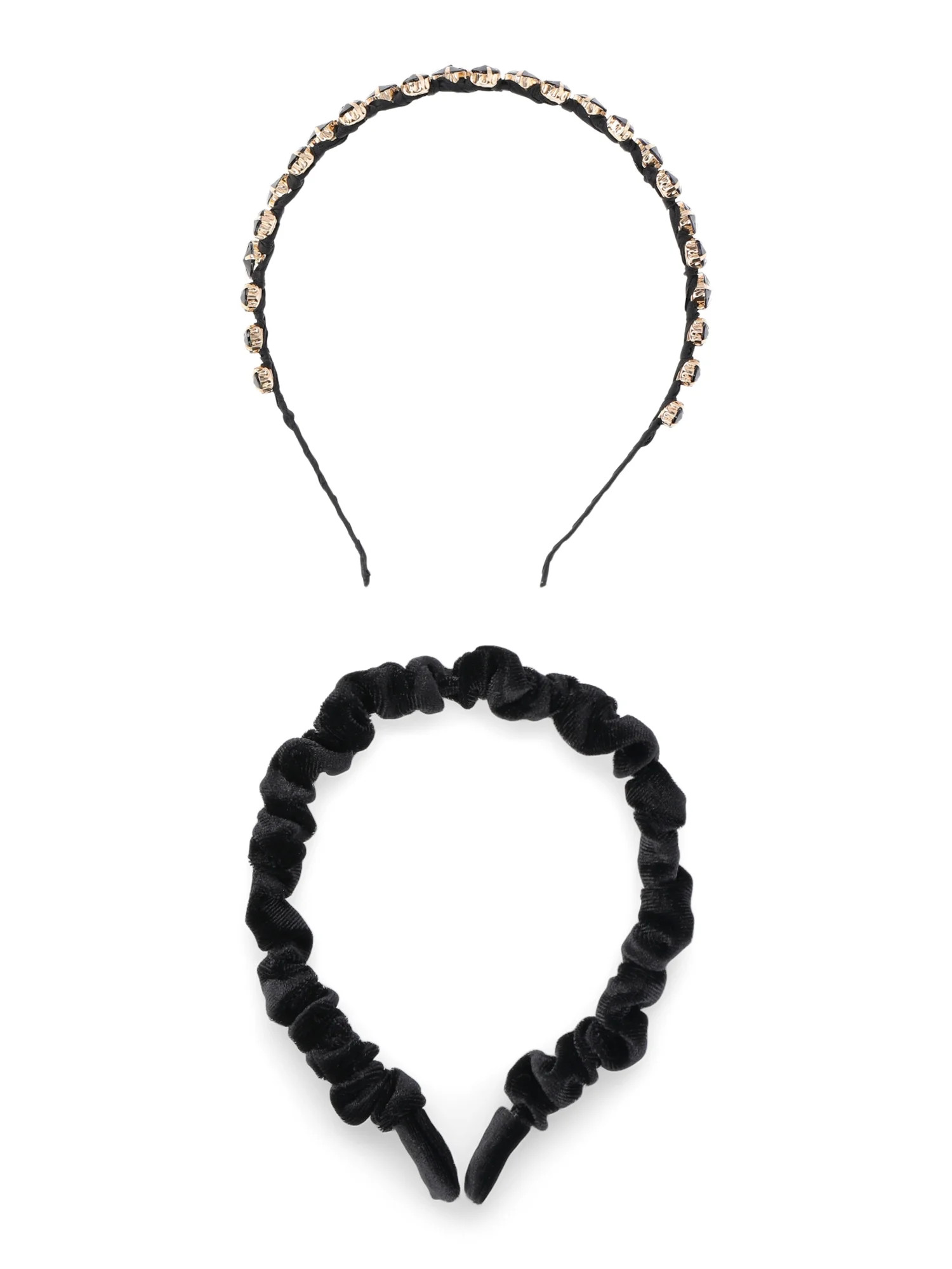 Time and Tru Women's Ruched Velvet and Rhinestone Hair Headband 2-Piece Set, Black | Walmart (US)