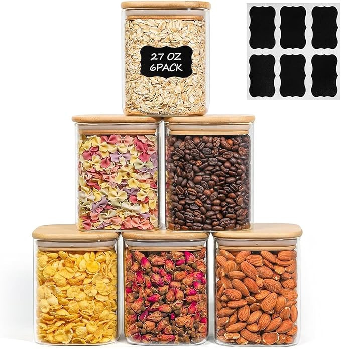 ComSaf 0.8 Qt Glass Food Storage Jars Set of 6, Clear Storage Containers with Airtight Lids, Pant... | Amazon (US)