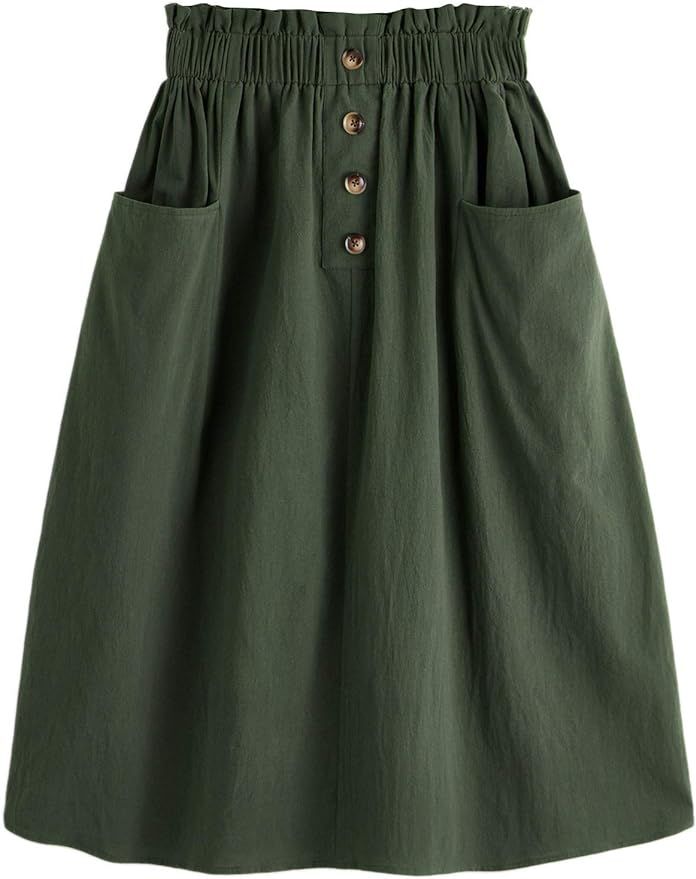SweatyRocks Women's Casual Paper Bag Waist A Line Pleated Midi Skirt with Pockets | Amazon (US)