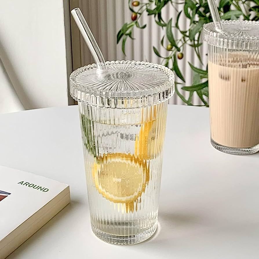 Tumbler Stripe Glass Cup Coffee Cup With Lid and Straw Drinking Glasses for Water/Ice Coffee/Tea/... | Amazon (US)