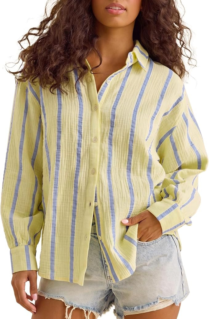 Striped Shirts Blouse for Women Boyfriend Gauze Shirt Oversized Summer Beach Top Long Sleeve Loos... | Amazon (US)