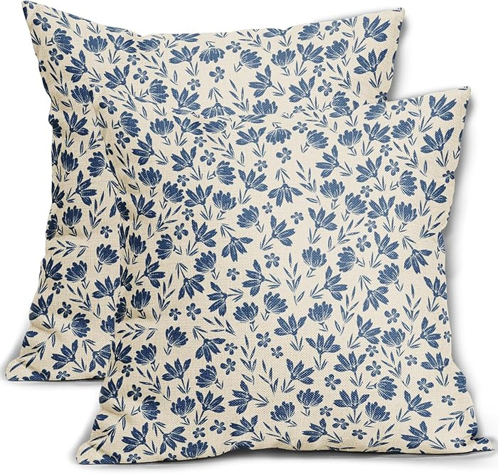Blue Floral Pillow Covers 18x18 Set of 2 Vintage Rustic Old Style Cute Small Flower Blue Cream Pr... | Amazon (US)