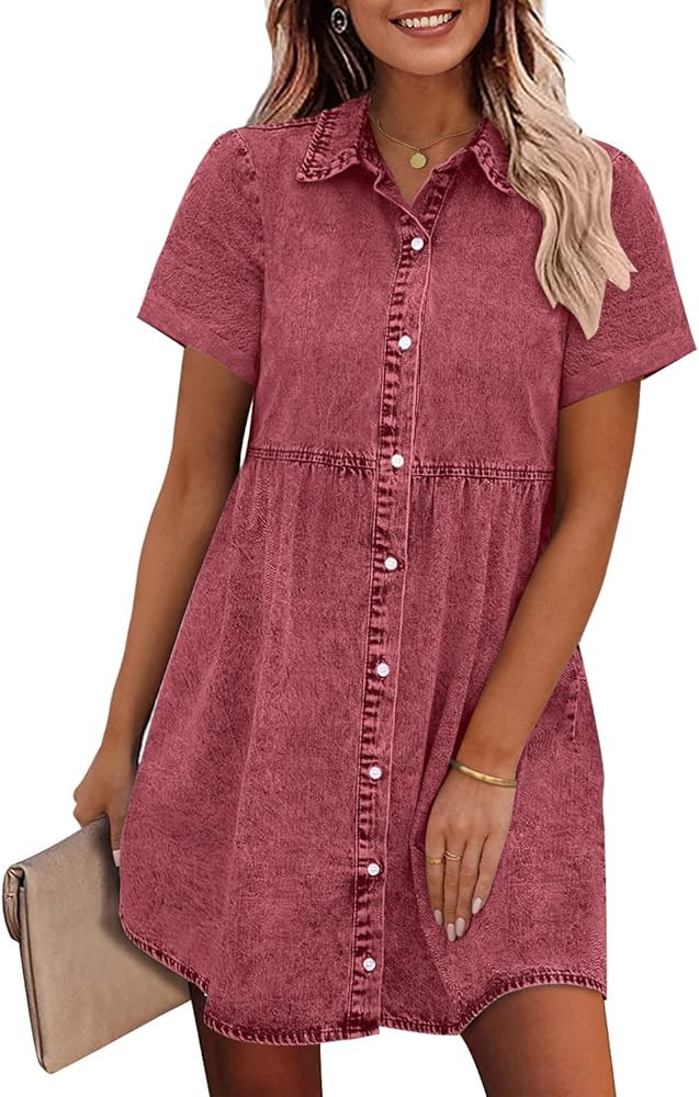 GRAPENT Denim Dress Babydoll Tiered Jean Shirt Dresses | Amazon (US)