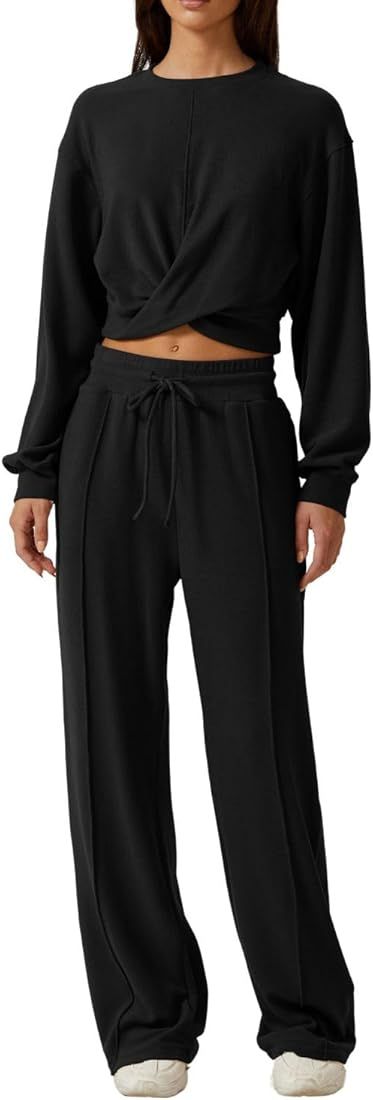 QINSEN Women 2 Piece Outfits Sweatsuit Set Twist Front Cropped Sweatshirt Wide Leg Sweatpant Loun... | Amazon (US)