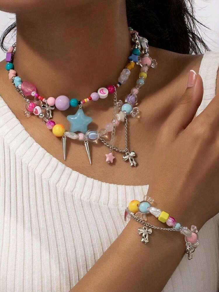 1 Necklace Jewelry Set Candy Paradise Colorful Bead Bow Star Necklace Flower Bracelet Niche Gentle Cute Jewelry Suitable For Women's Daily Wear The Color Of The Beads Is Random | SHEIN