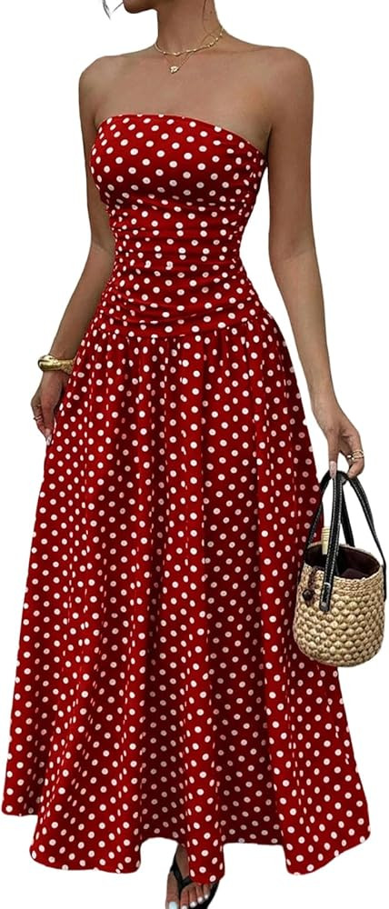 FlekmanArt Womens Polka Dot Strapless Dress Summer Smocked Tube Dress Casual Sleeveless Swing Flo... | Amazon (US)
