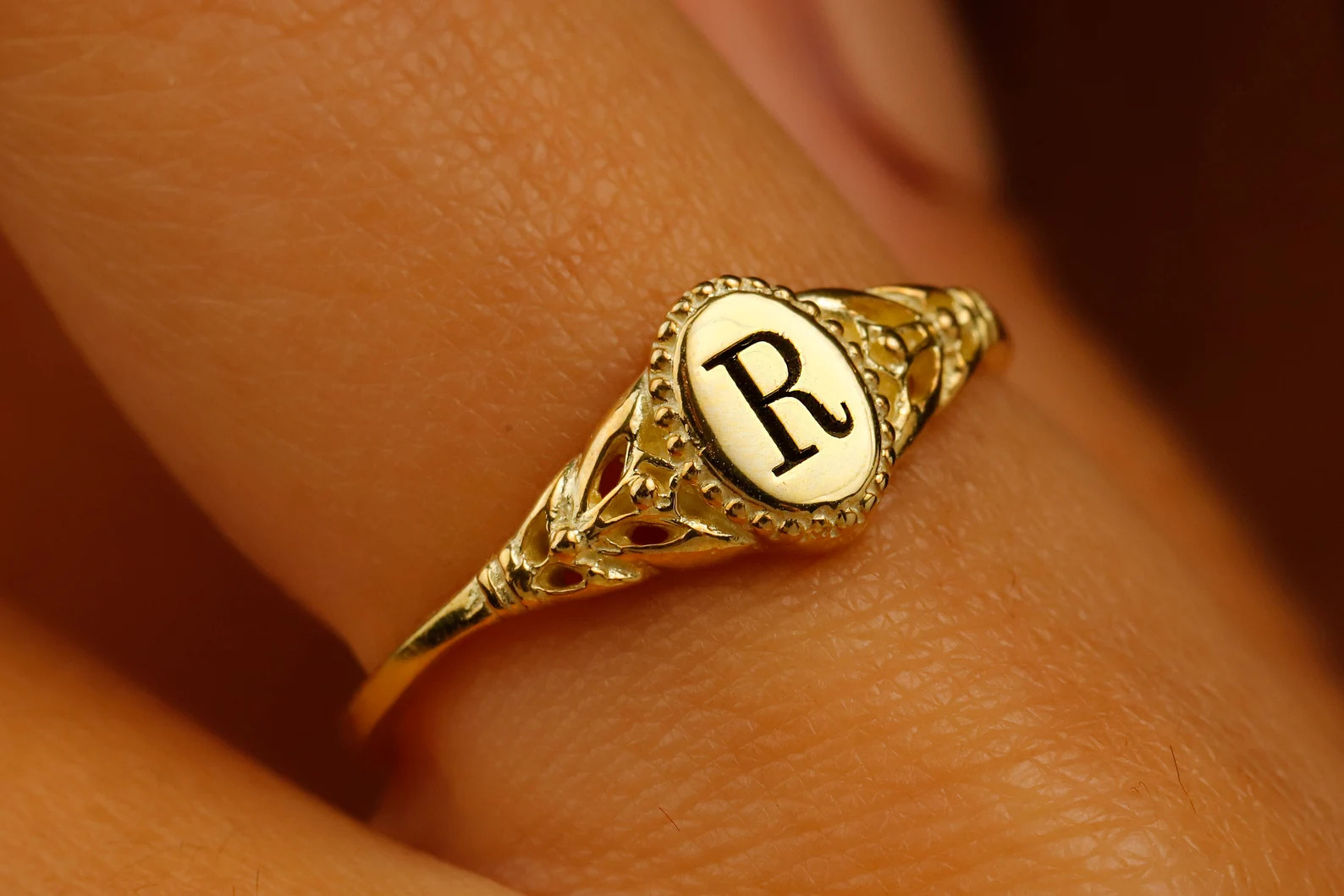 Pinky Inital Rings for Women • Personalized 14K Gold, Rose and Sterling Silver Custom Oval Dain... | Etsy (US)