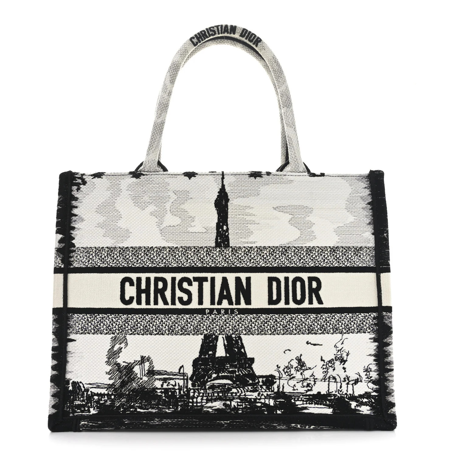 Canvas Embroidered Medium Paris Book Tote White Black | FASHIONPHILE (US)