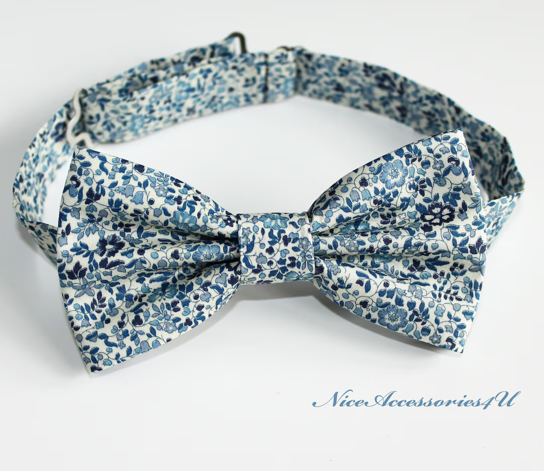Blue Floral Liberty Bow Tie for Men & Boys. Blue and Ivory Pre-tied Wedding Bowtie Liberty Print ... | Etsy (US)
