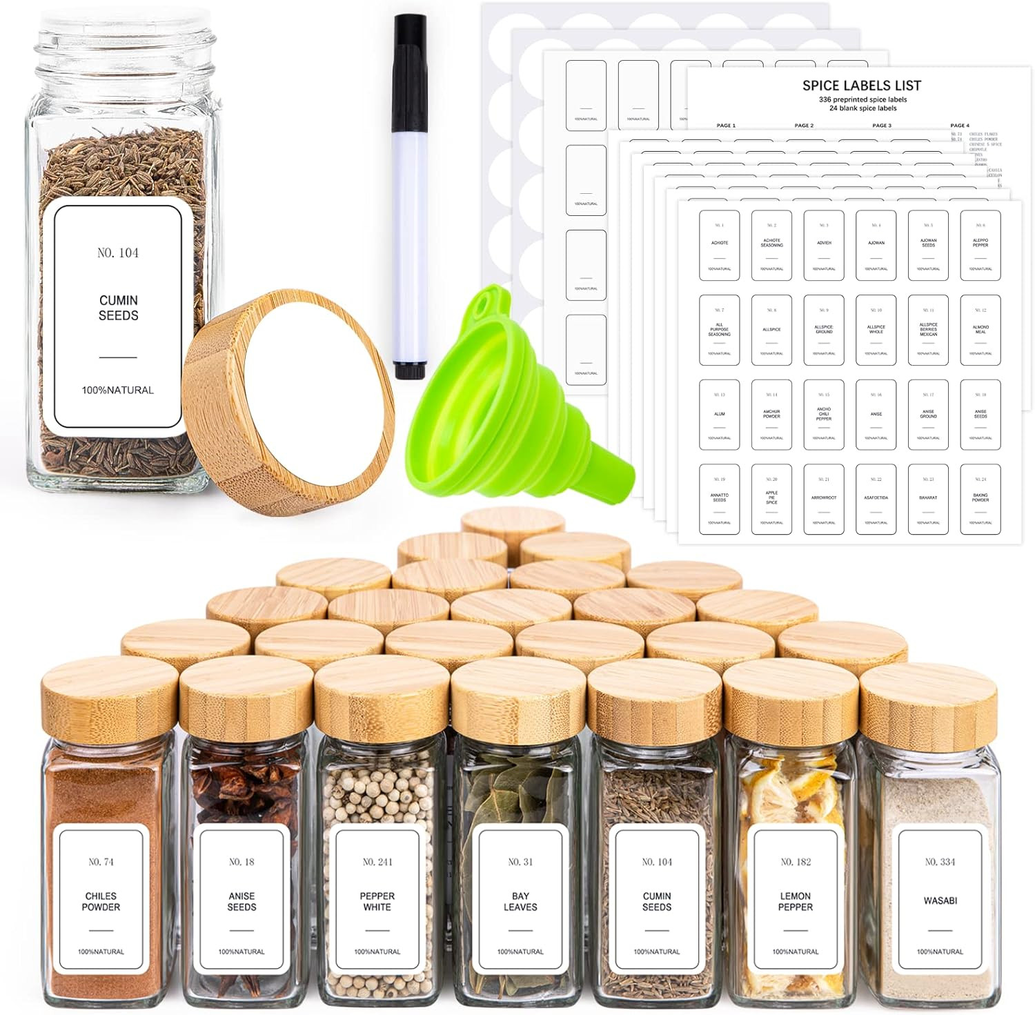 zunmial 24 Pcs Spice Jars ,Spice Jars With Label,Bamboo Lids, 4oz | Amazon (US)