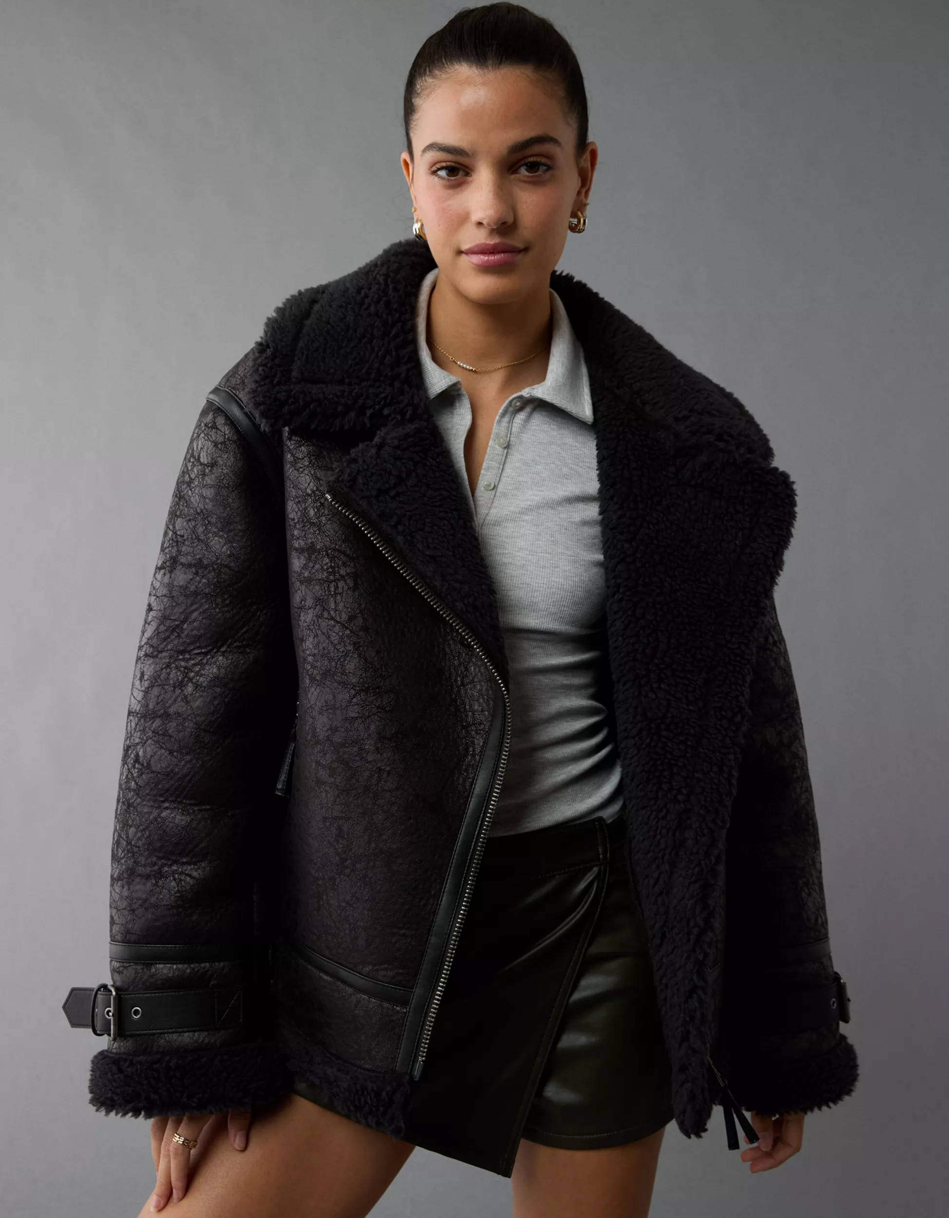 AE Oversized Shearling Biker Jacket | American Eagle Outfitters (US & CA)