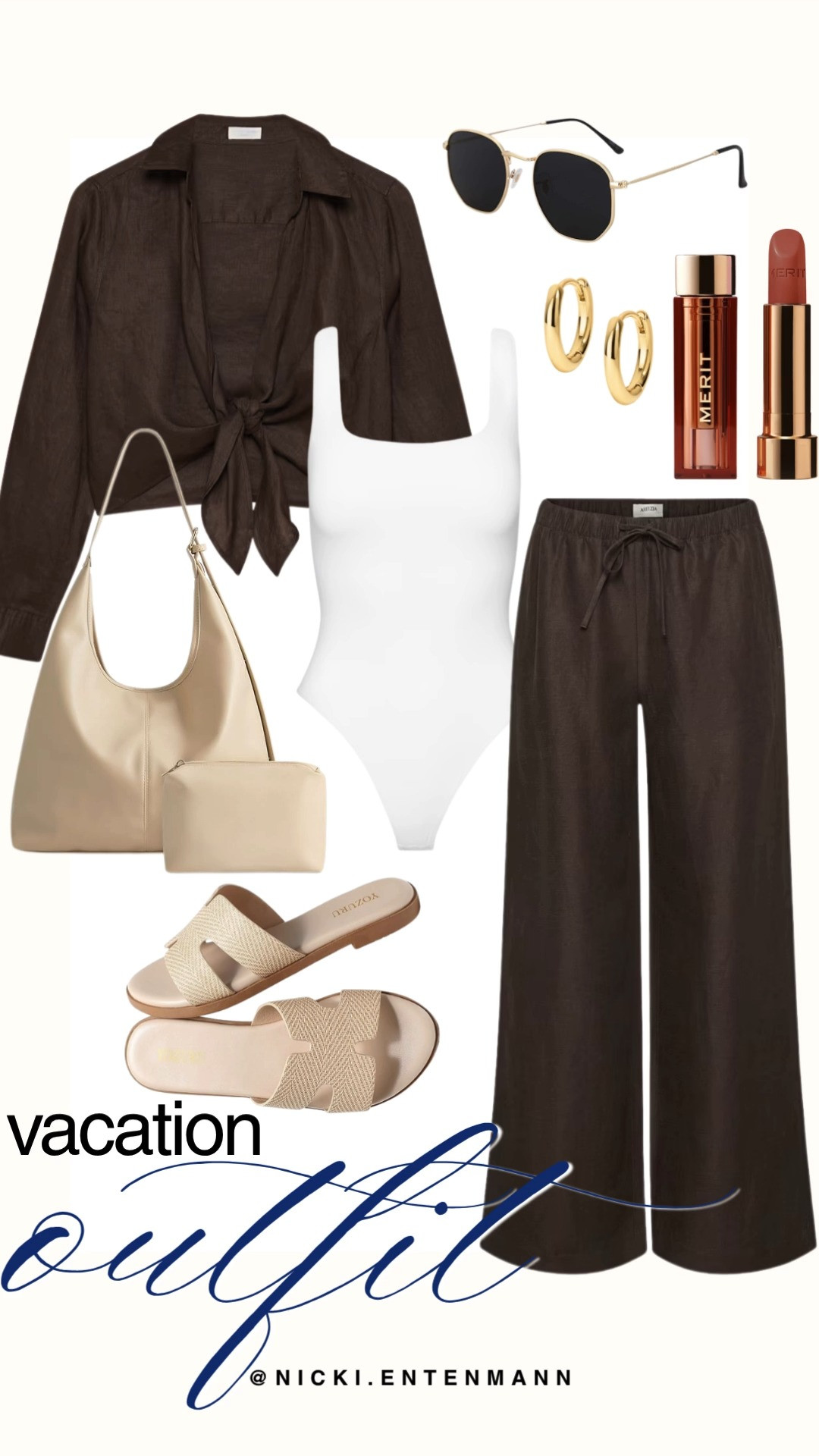 Embrace effortless chic with this resort ready vacation outfit idea. A white square neck bodysuit pairs with dark brown linen pants and a front tie shirt, finished with woven sandals, cream bag, gold hoops, sunglasses, and warm lip shade. #vacationstyle #resortwear #vacationoutfit #summerfashion #capsulewardrobe #everydayfashion #outfitinspiration #chicstyle #shoppinghaul #modernliving 👓👜✨ 

 #LTKdayinmylife #LTKootd #LTKSaleAlert