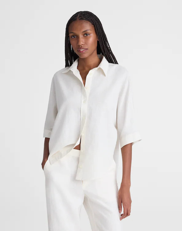 Relaxed Pleat-Sleeve Button-Up Shirt in Cotton-Linen Blend | Madewell