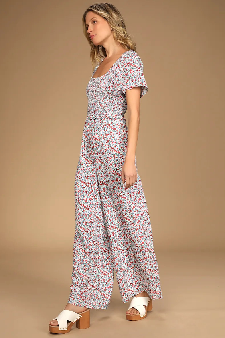 Jump Into Bloom Multi Floral Print Smocked Wide-Leg Jumpsuit | Lulus (US)
