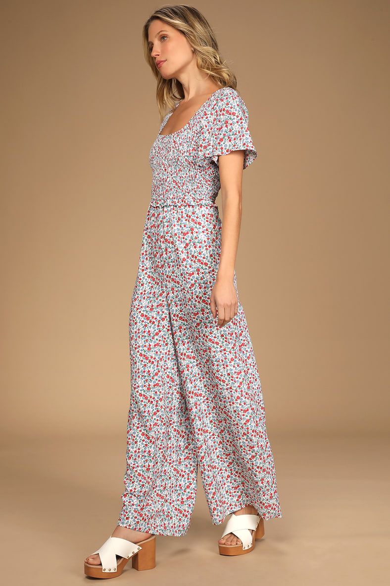 Jump Into Bloom Multi Floral Print Smocked Wide-Leg Jumpsuit | Lulus (US)