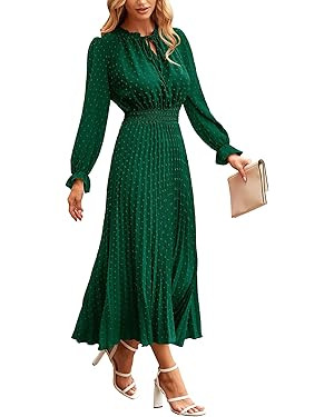 PRETTYGARDEN Women's 2025 Spring Fall Midi Dress Casual Long Sleeve V Neck Swiss Dot Pleated A Li... | Amazon (US)