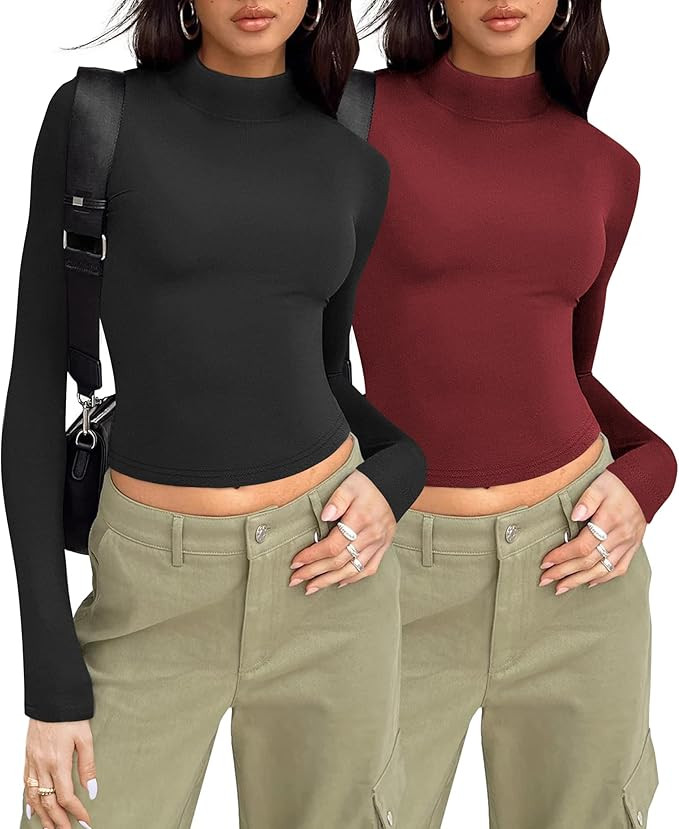Zeagoo Womens Long Sleeve Shirts Mock Neck Turtleneck Slim Fitted Basic Crop Tops 2024 Fashion Ca... | Amazon (US)