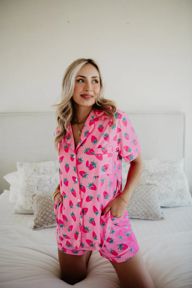 Pink Strawberry Print PJ Loungewear Set | Katydid