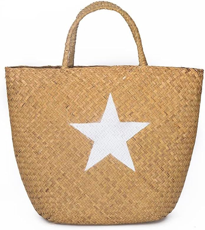 Straw Tote Bag for Women, Woven Seagrass Handbag, Love Pattern Large Seagrass Summer Beach Bag | Amazon (US)