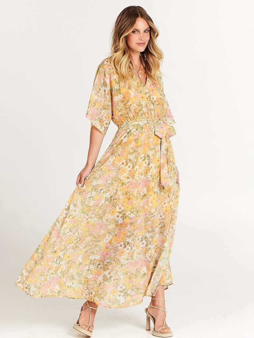 ANRABESS Women’s Summer Loose Kimono Maxi Dress Wrap V Neck 3/4 Sleeve Floral Print Slit Long Dresse | Amazon (US)