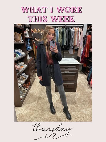 Thursday outfit with navy coat and gray jeans 
