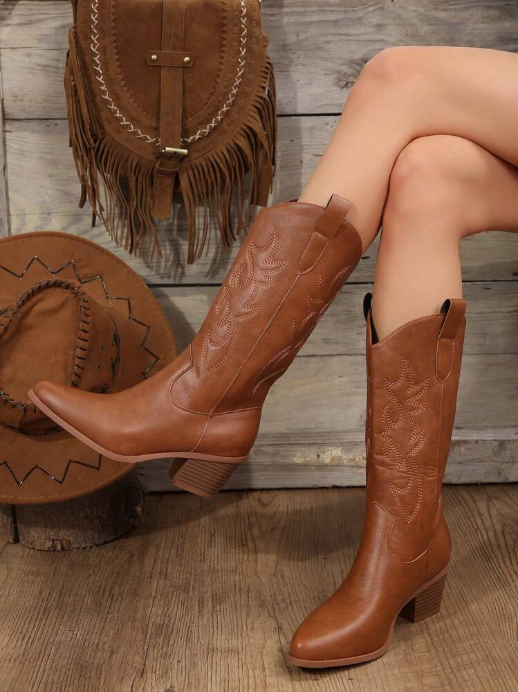 Botas Ocidentais De Bordado Vintage 2024, Botas Femininas Fashion Over-The-Knee Rider Em Formato V-Cut, Botas De Cowboy Para Mulheres | SHEIN