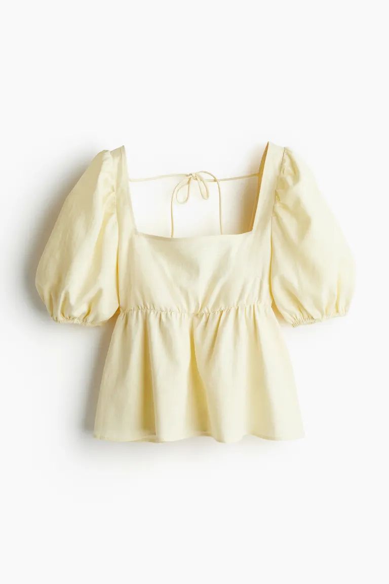 Tie-detail puff-sleeved blouse - Light yellow - Ladies | H&M GB | H&M (UK, MY, IN, SG, PH, TW, HK)